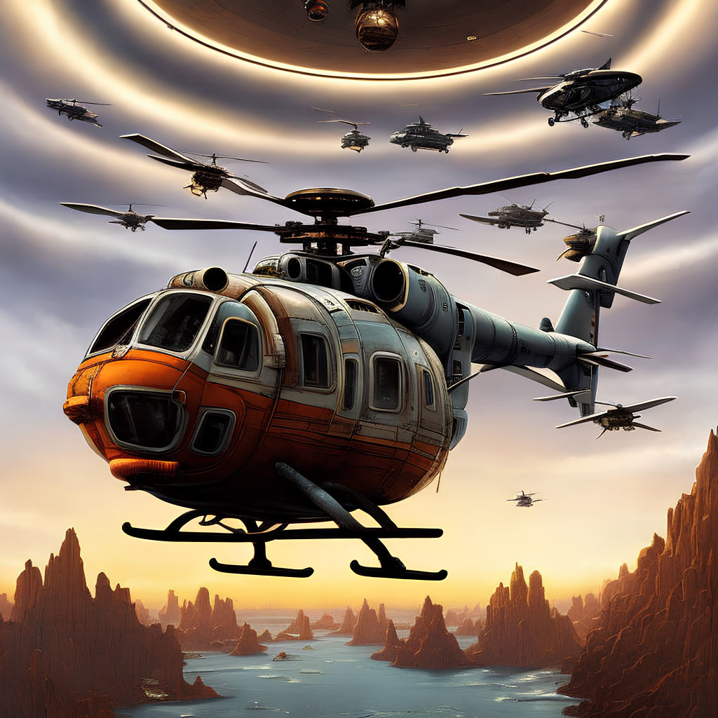 Futuristic helicopter illustration with dramatic sky and rock formations