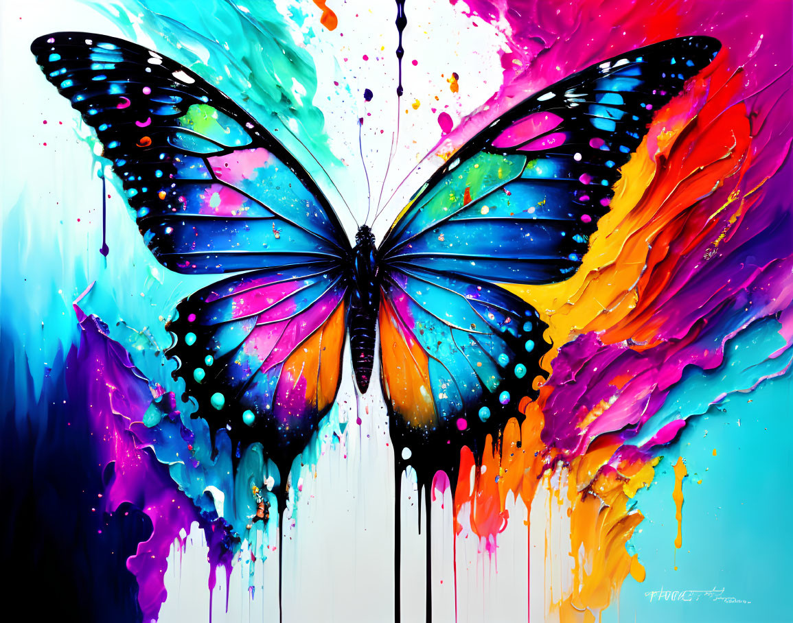 Colorful Abstract Butterfly Artwork with Splattered Paint and Dripping Colors