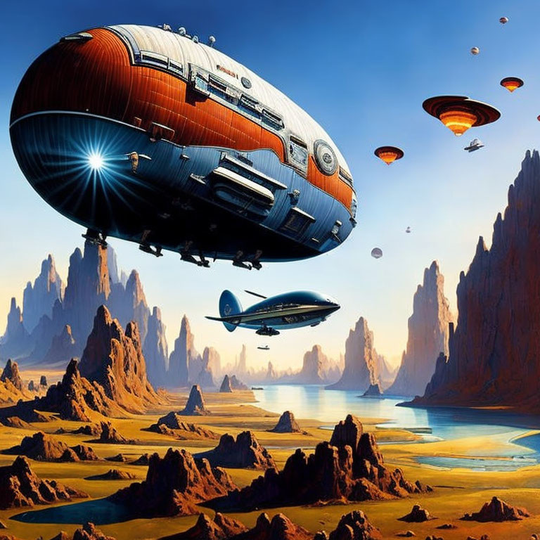 Futuristic spaceship flying over rocky desert with spires and blue river