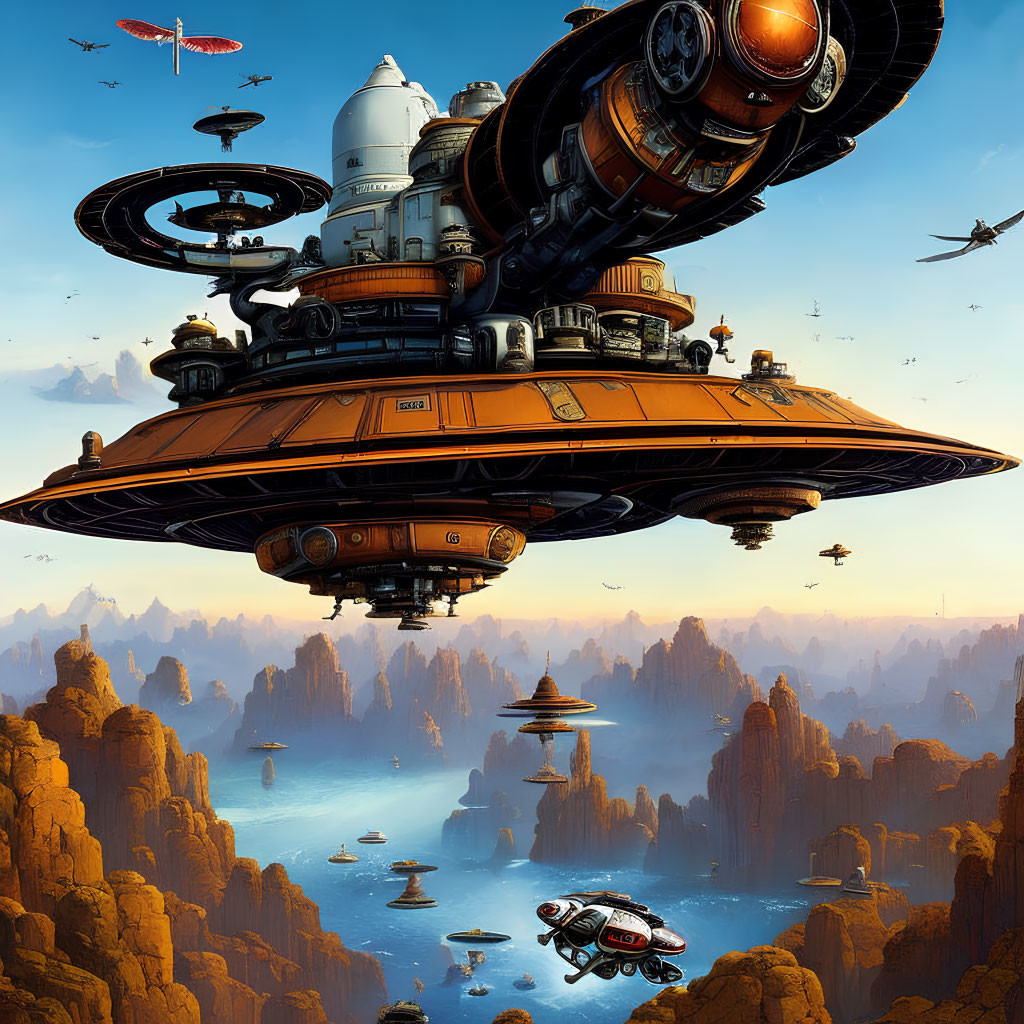 Futuristic city on floating platform over rocky terrain & aircraft in clear blue sky