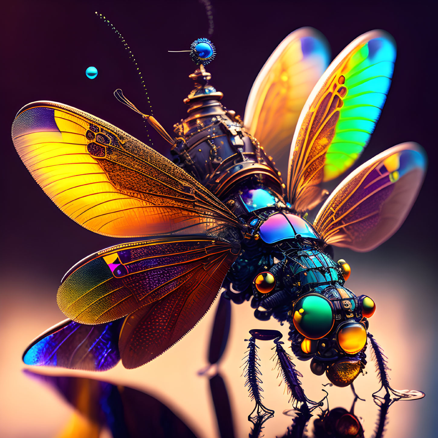 Colorful digital artwork: Mechanical insect with translucent wings & gears on warm backdrop