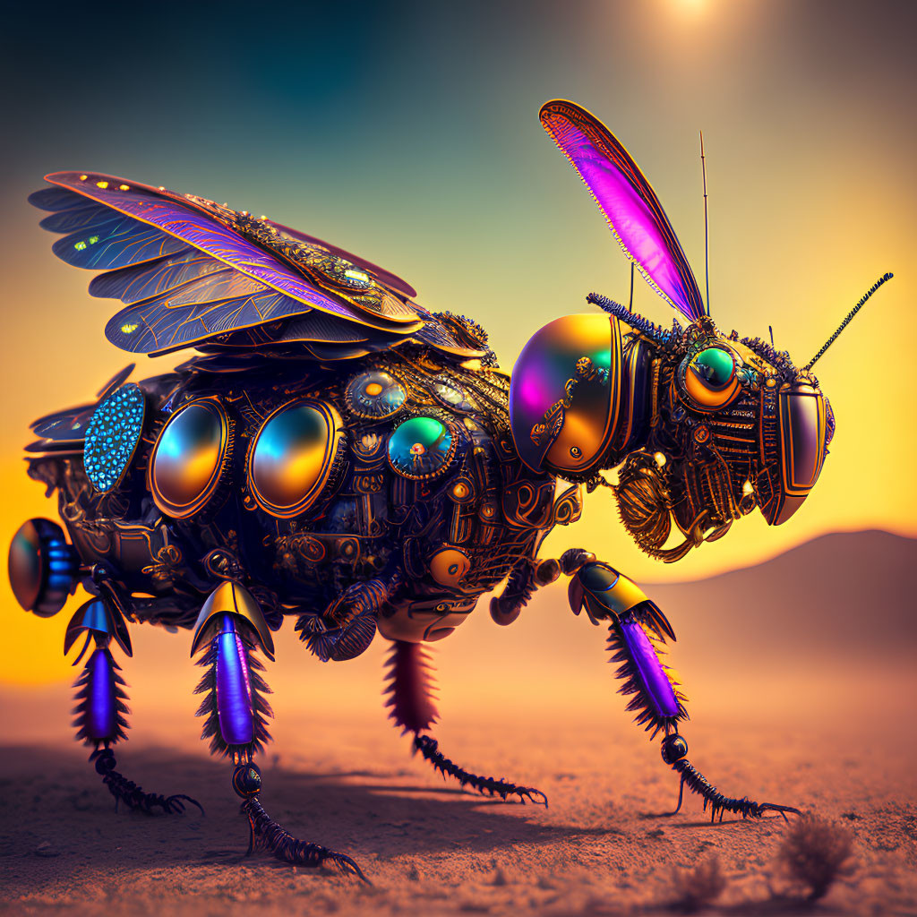 Digital Art: Mechanical Bee with Colorful Wings in Desert Sunset