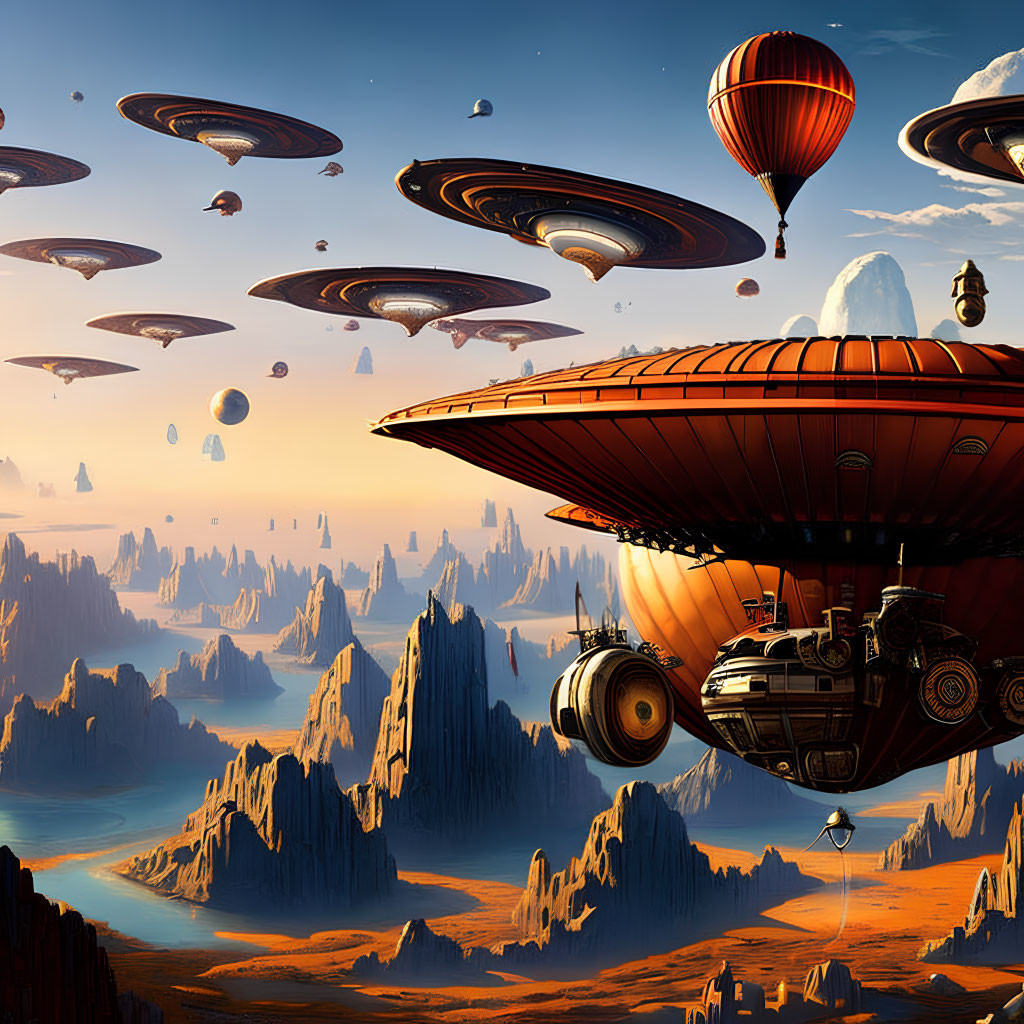 Futuristic airships over rocky desert with spires under blue sky