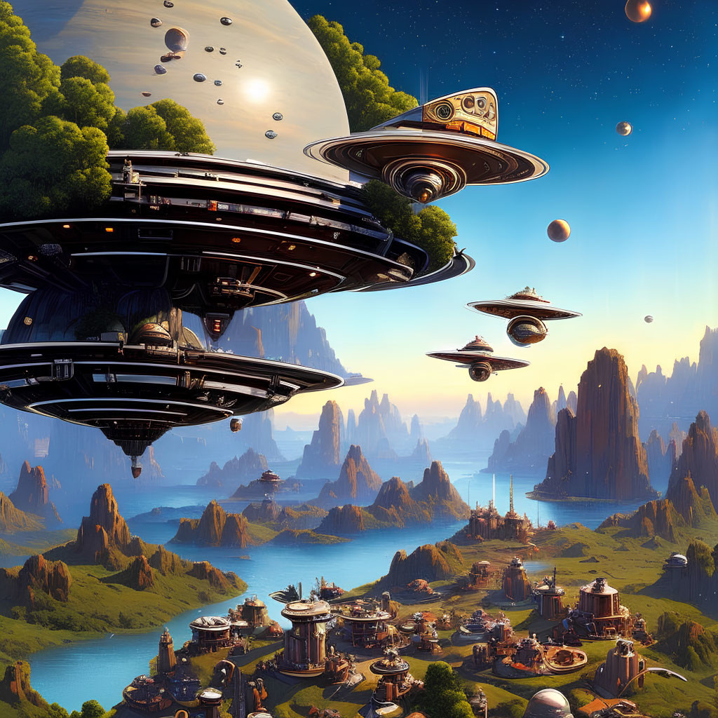 Sci-fi landscape with towering rocks, cities, and spacecraft in a planetary sky