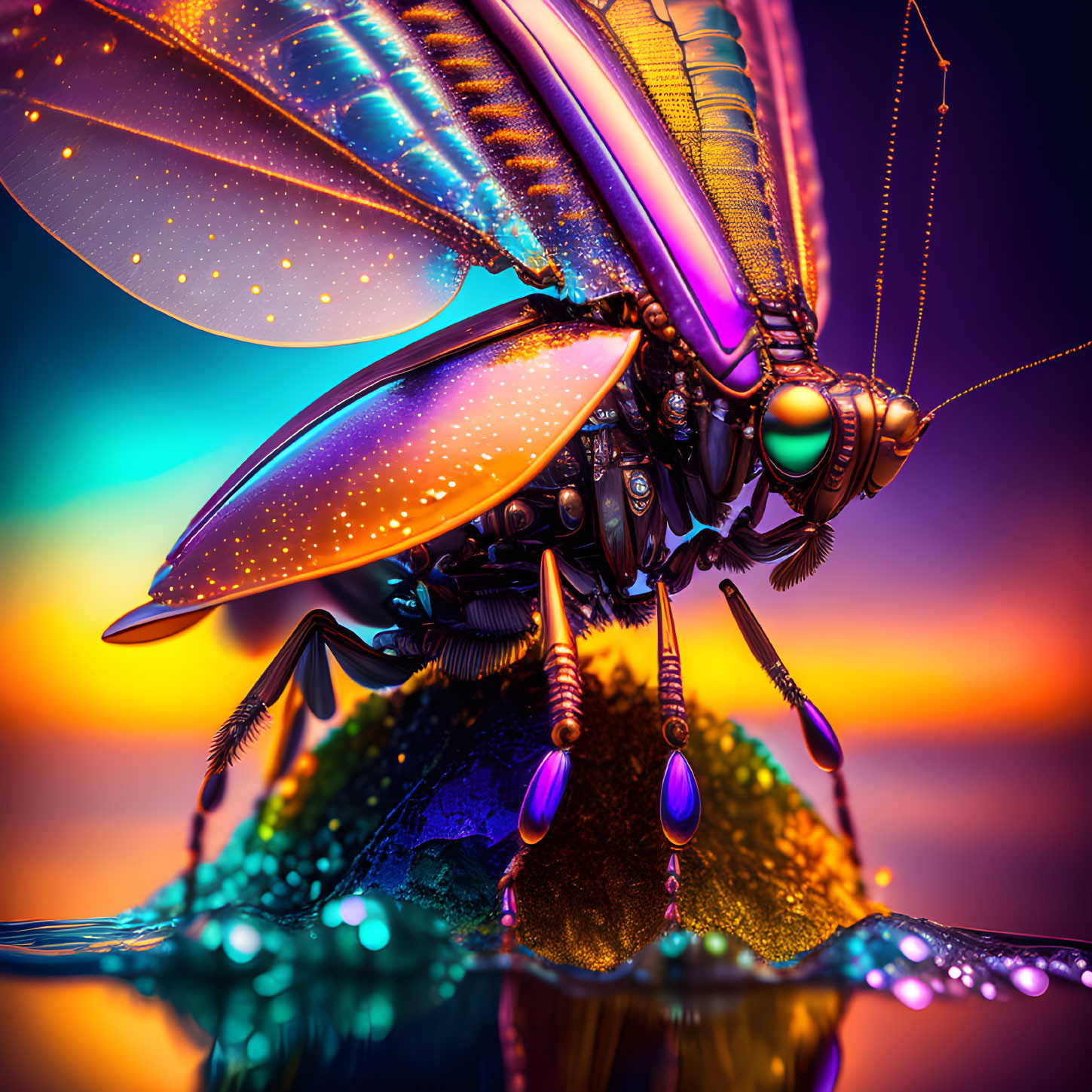 Colorful digital artwork of a mechanical insect with iridescent wings on sunset background