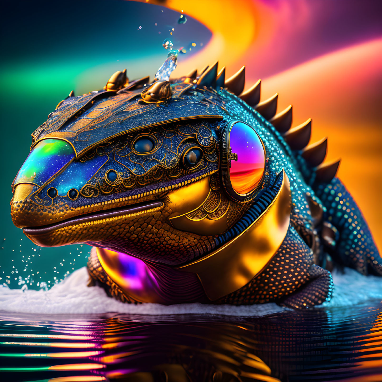 Mechanical dragon head with glowing eyes and metallic scales on vibrant background