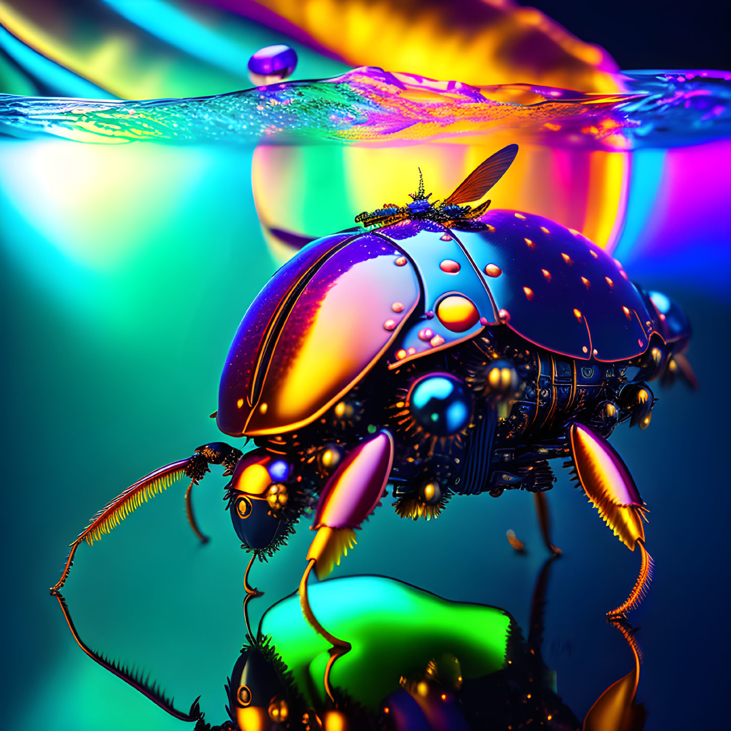 Colorful Futuristic Beetle Under Neon Lights with Liquid Swirls