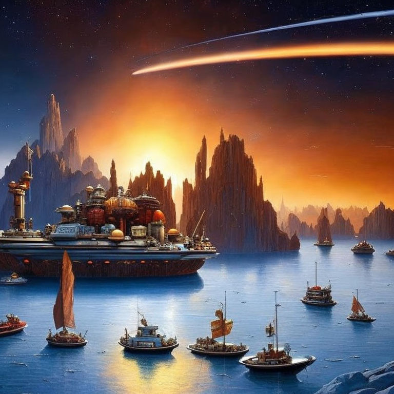 Futuristic maritime city with advanced vessels on calm ocean, rocky formations, twilight sky.