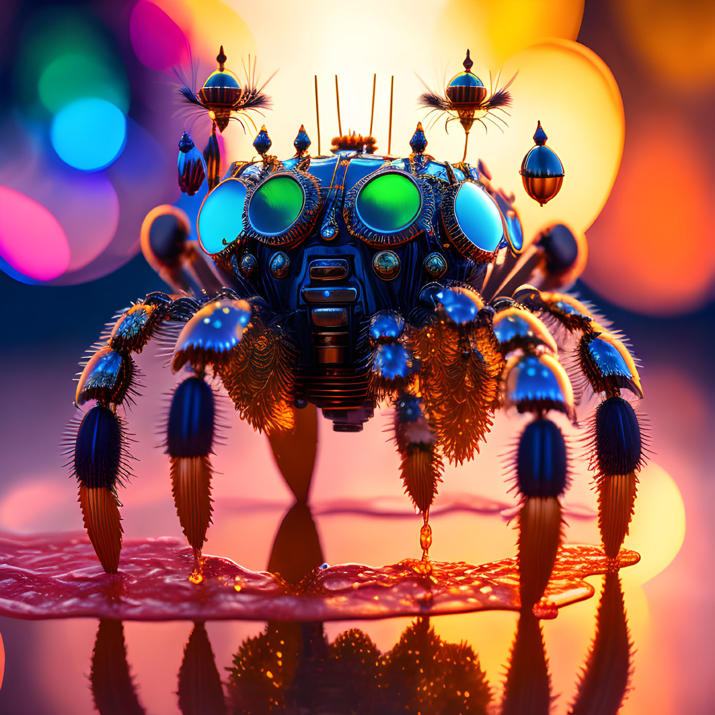 Detailed digital artwork: Mechanical spider with glowing blue eyes on colorful bokeh background