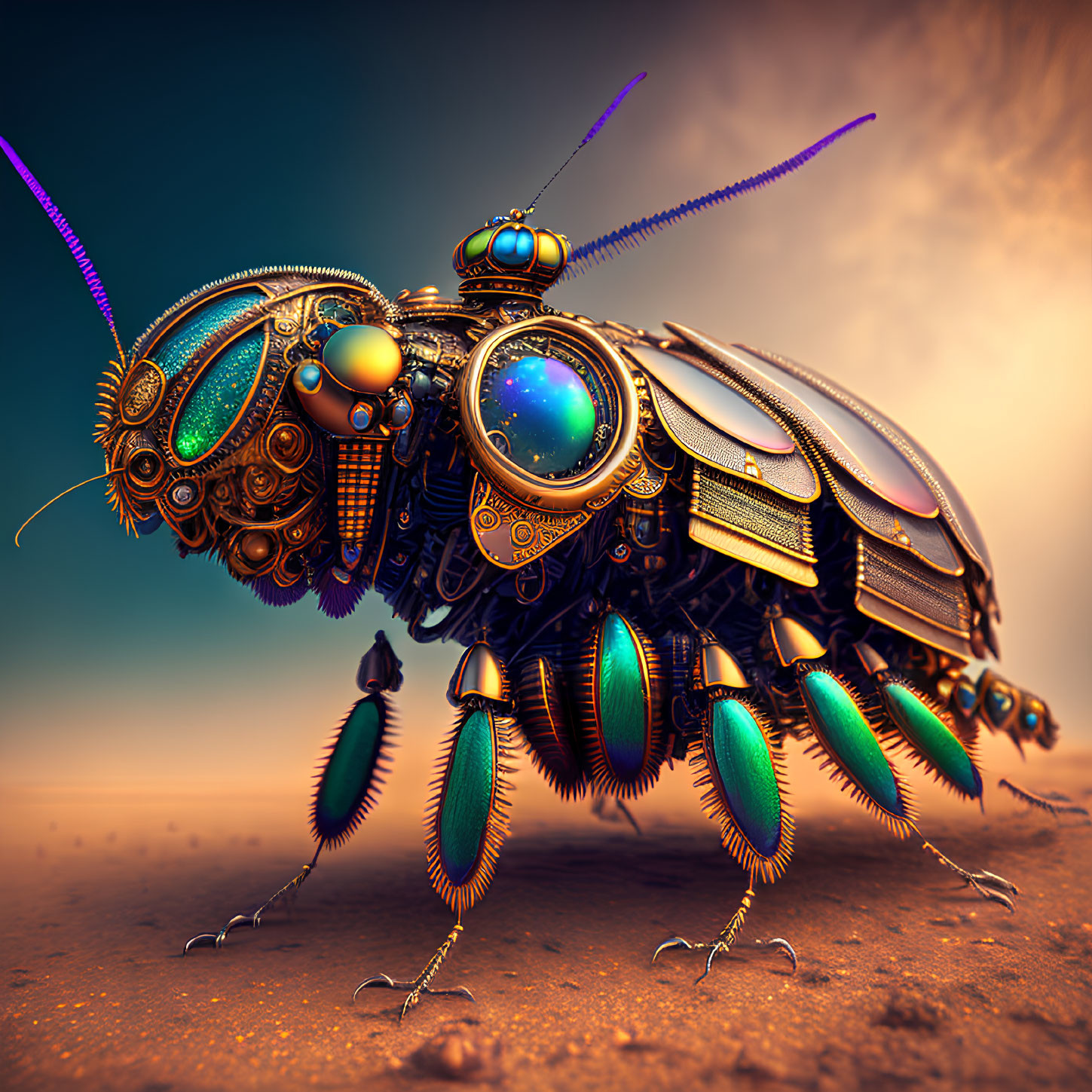 Steampunk-inspired mechanical insect on desert landscape