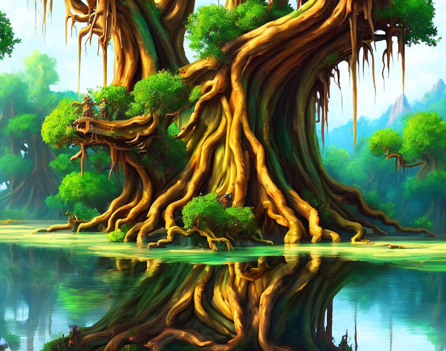 Majestic ancient tree illustration with twisted roots in tranquil water landscape