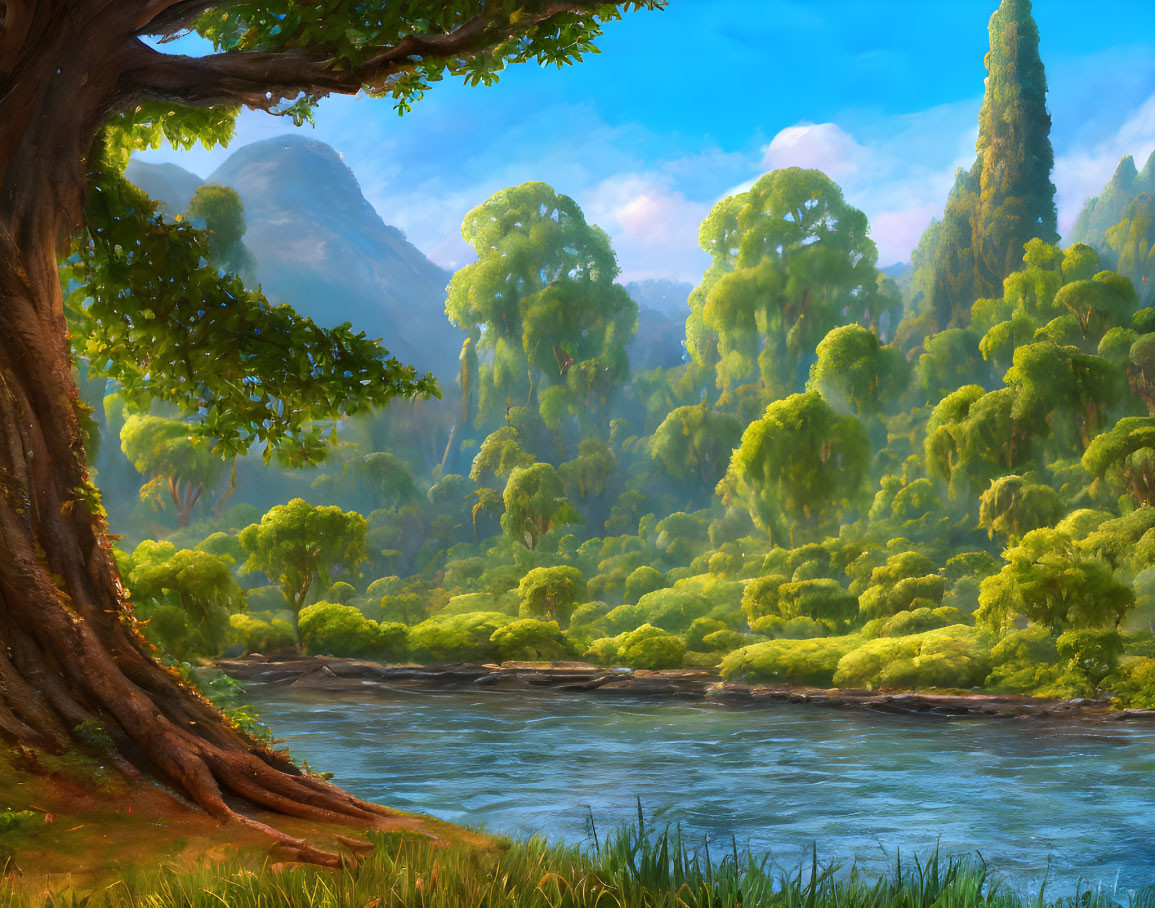 Tranquil riverside landscape with lush greenery and hills