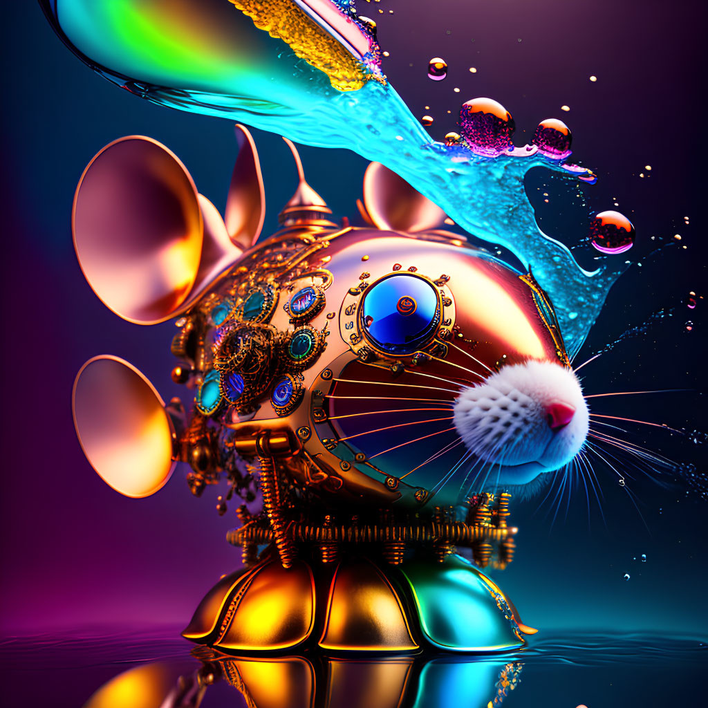 Shiny gold robotic cat with gears in vibrant liquid splashes