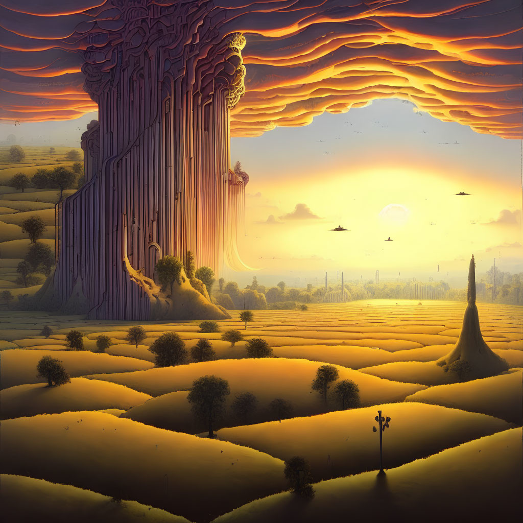 Fantastical landscape with towering cliffs, orange sky, rolling hills, and flying crafts.