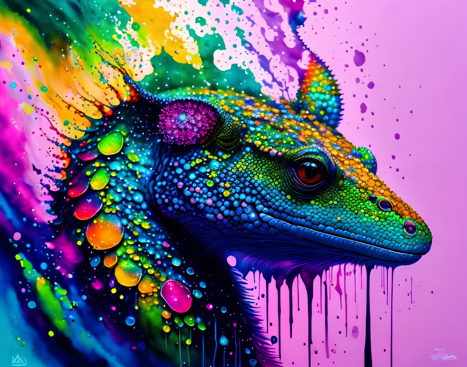 Colorful chameleon digital artwork with vibrant paint splatters.