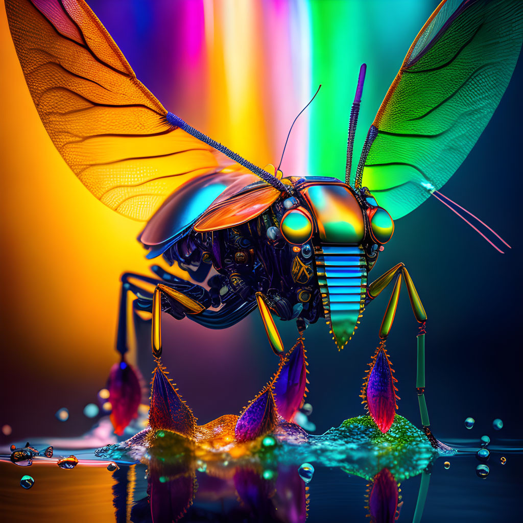 Colorful Mechanical Insect with Delicate Wings on Gradient Background