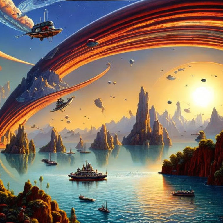 Sci-fi landscape with spaceships, ringed planet, sunlit mountains, and reflective water.