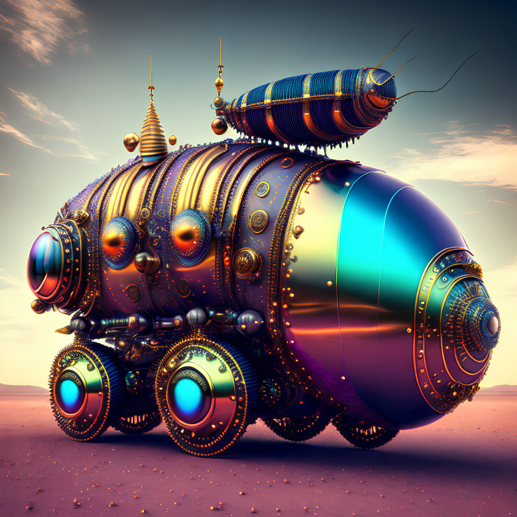 Detailed Steampunk Machine with Spherical Wheels in Desert Twilight