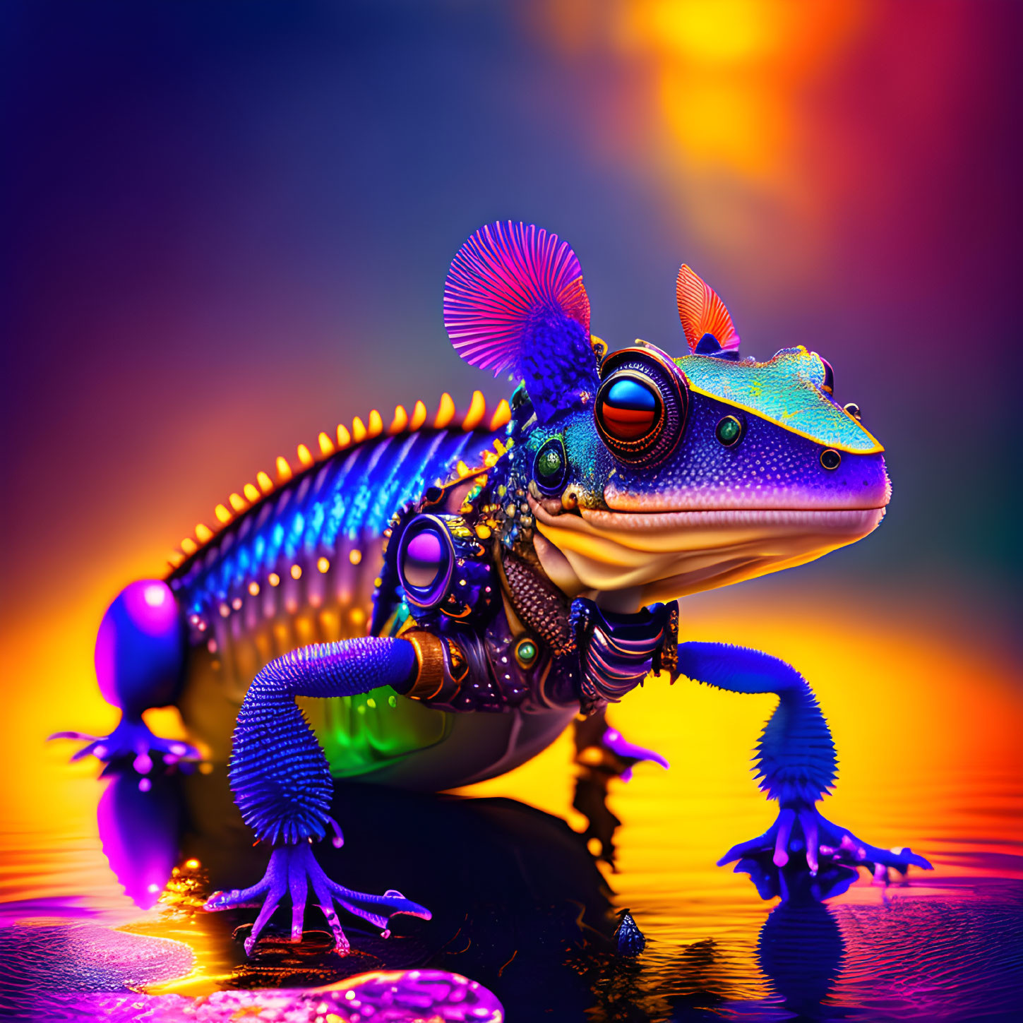 Colorful Digital Illustration of Mechanical Gecko on Reflective Surface