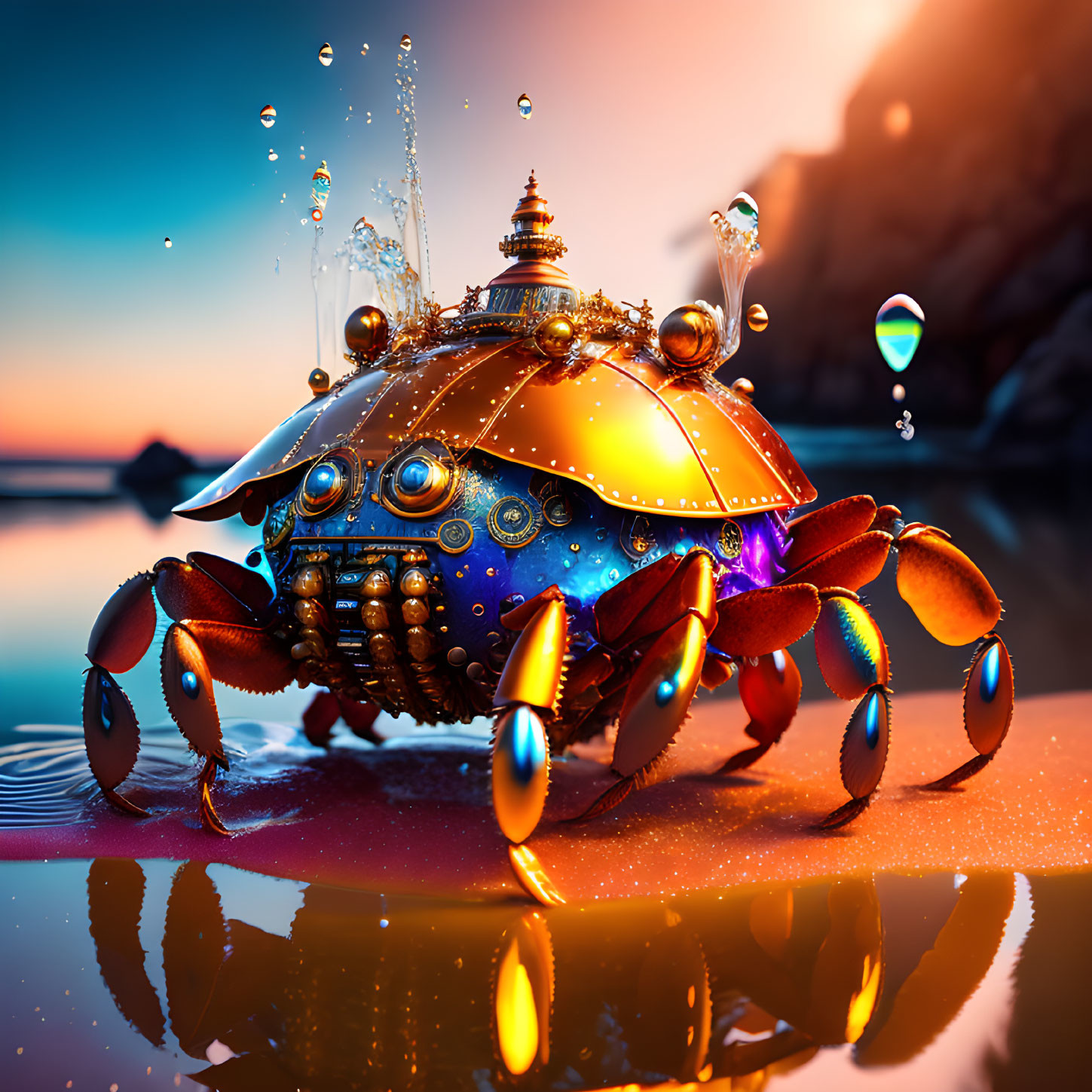 Mechanical crab with gold and blue design on beach at sunset