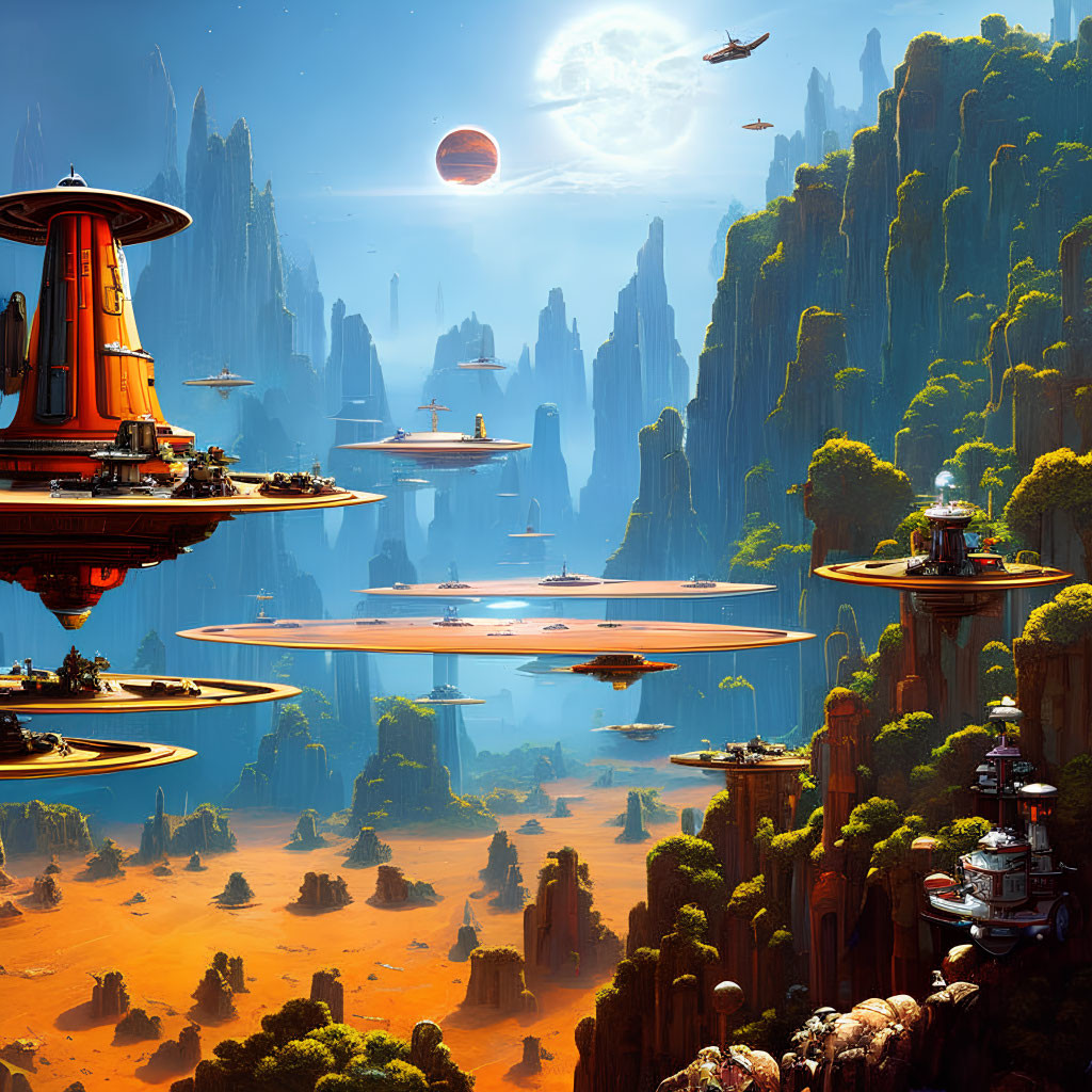 Futuristic sci-fi landscape with rock formations, floating structures, and alien planet.