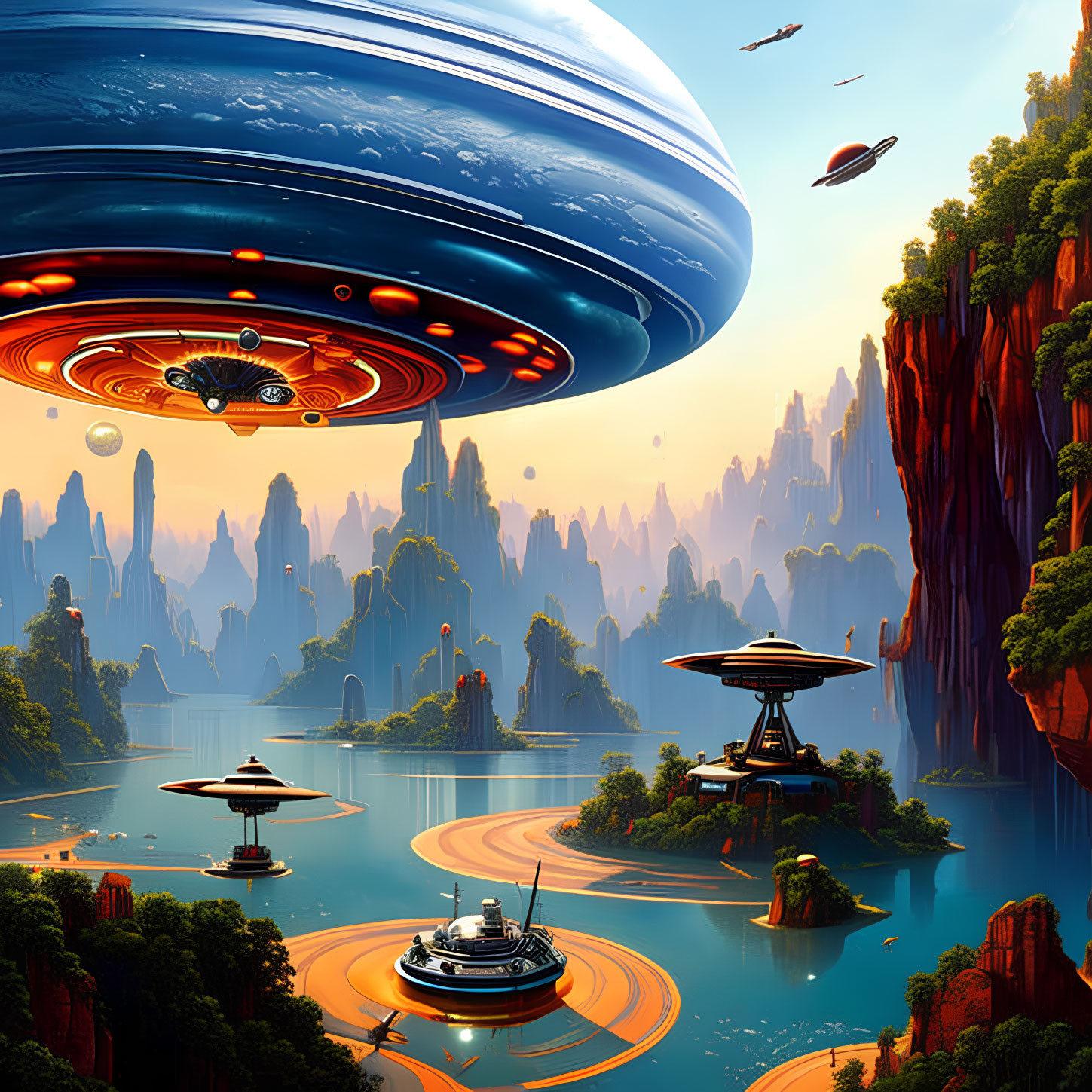 Sci-fi landscape with colossal spaceships, cliffs, waters, futuristic structures & lush vegetation