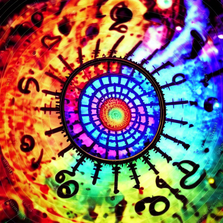 Colorful kaleidoscope spiral with zodiac symbols and numbers on rainbow background