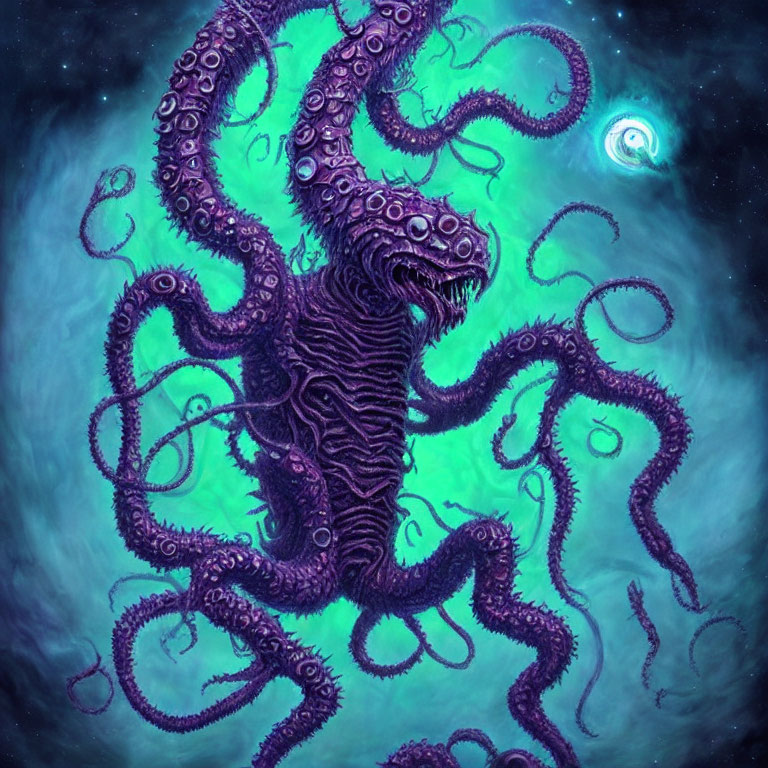 Monstrous creature with purple tentacles on cosmic background