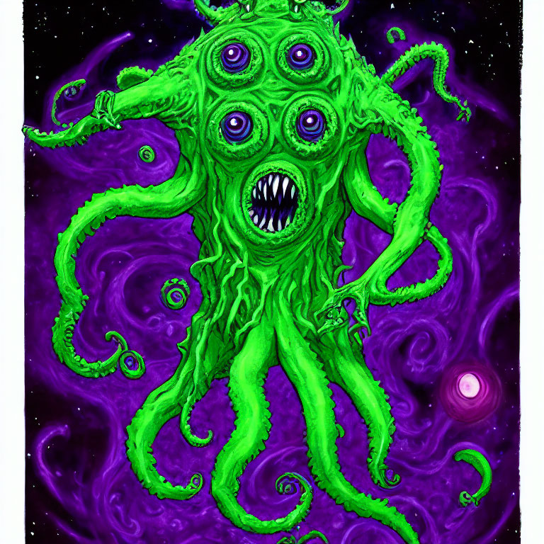 Colorful Cartoon Octopus with Multiple Eyes and Tentacles on Cosmic Background