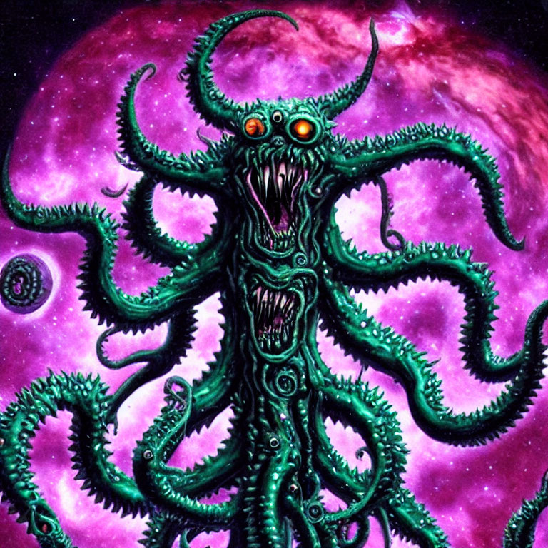 Cosmic entity with red eyes and tentacles in purple nebula