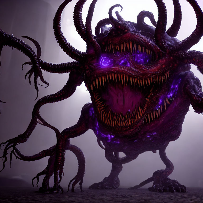 Menacing purple creature with spiraling tentacles and glowing eyes in dimly lit atmosphere