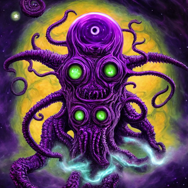 Colorful Octopus-Like Creature with Green Eyes in Cosmic Setting