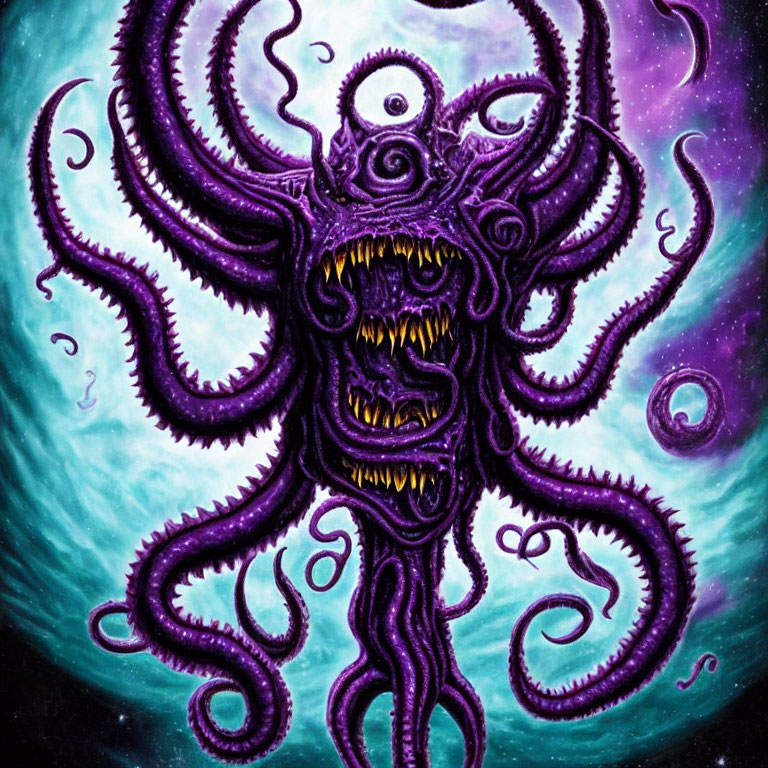 Purple monstrous octopus creature with sharp teeth in cosmic setting