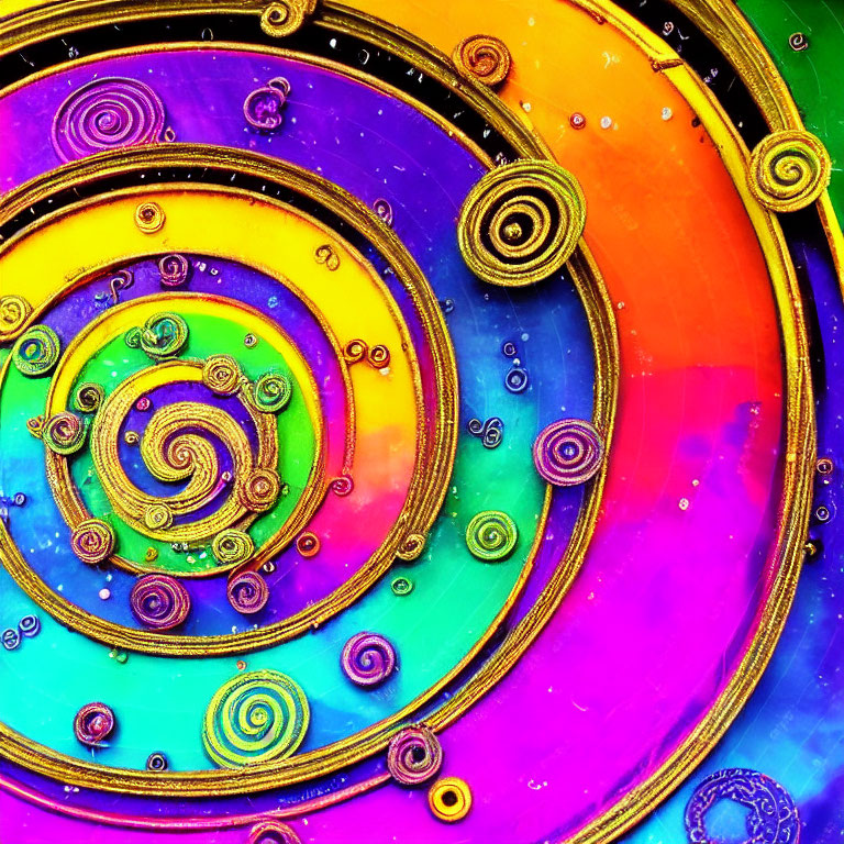 Colorful spiral artwork with metallic gold swirls on rainbow gradient