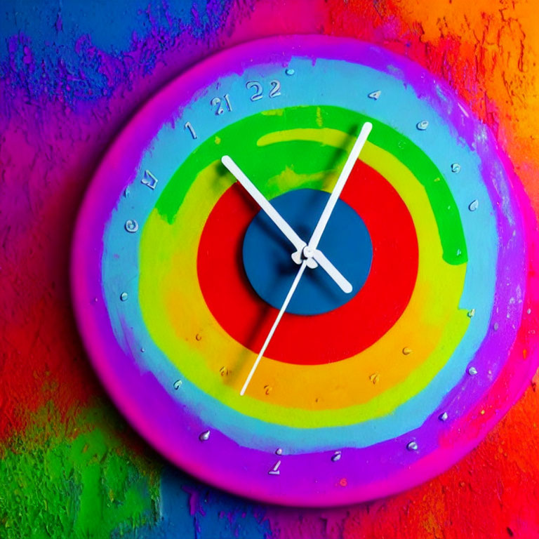 Colorful Circular Clock with Rainbow Hues and White Hands