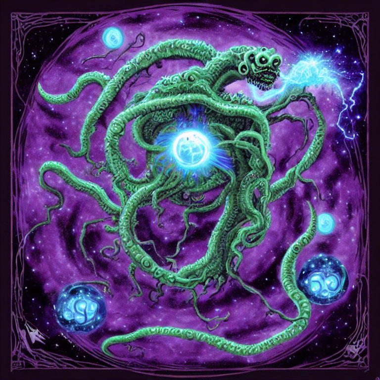 Green multi-tentacled creature with glowing orbs and energy core on purple cosmic background in circular frame