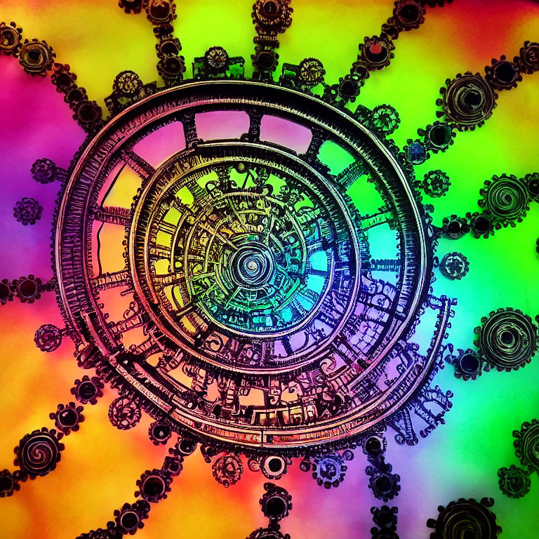 Intricate mechanical gear structure on rainbow background