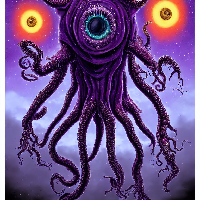 Purple octopus-like creature with central eye and tentacles in cosmic sky