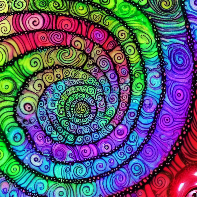 Colorful Psychedelic Swirl with Spirals and Circles in Warm to Cool Tones