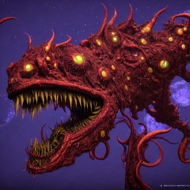 Red Multi-Eyed Dragon with Tentacles in Space Background