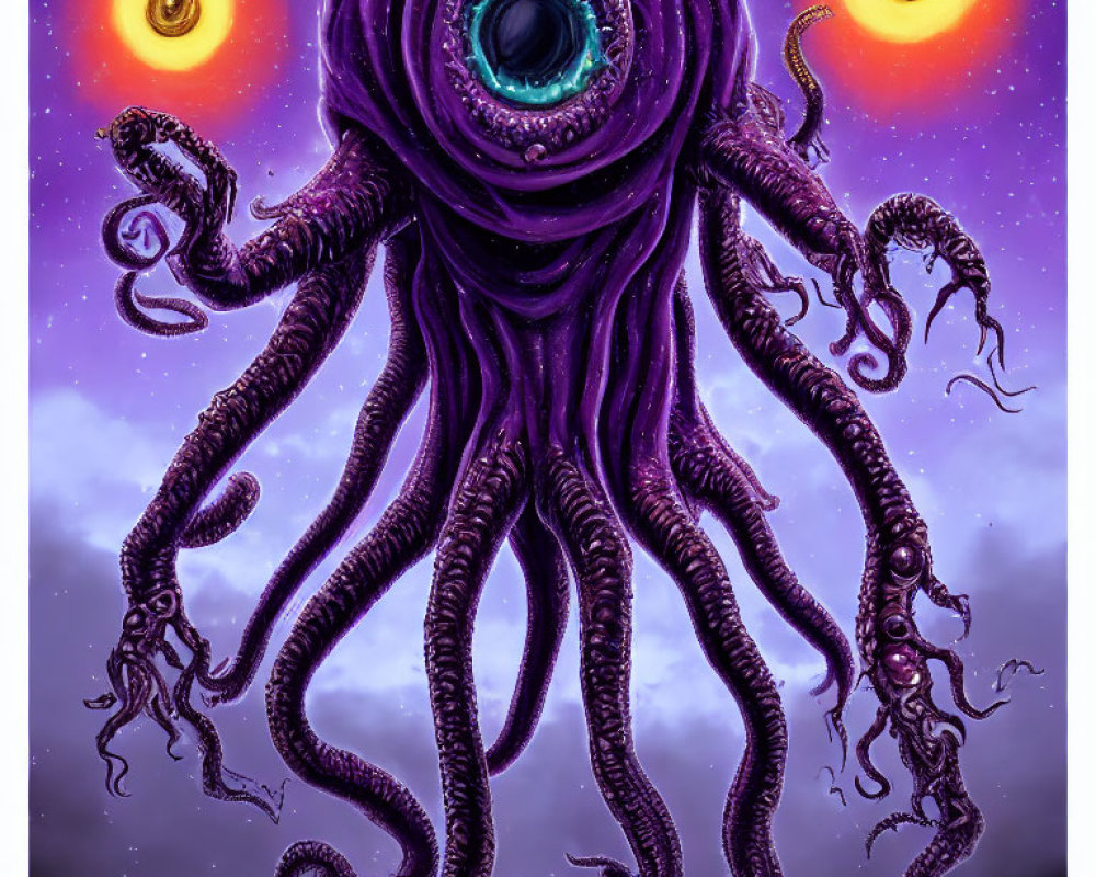 Purple octopus-like creature with central eye and tentacles in cosmic sky