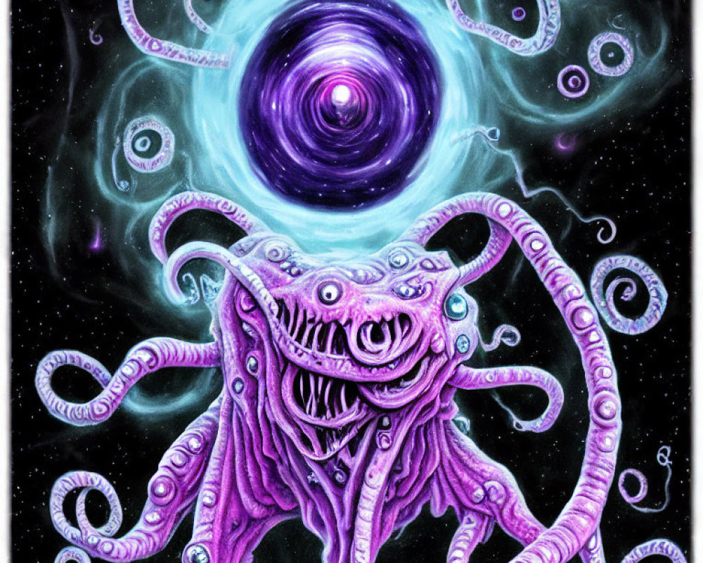 Purple-tentacled cosmic entity with multiple eyes in eerie glow amid swirling galaxy vortex