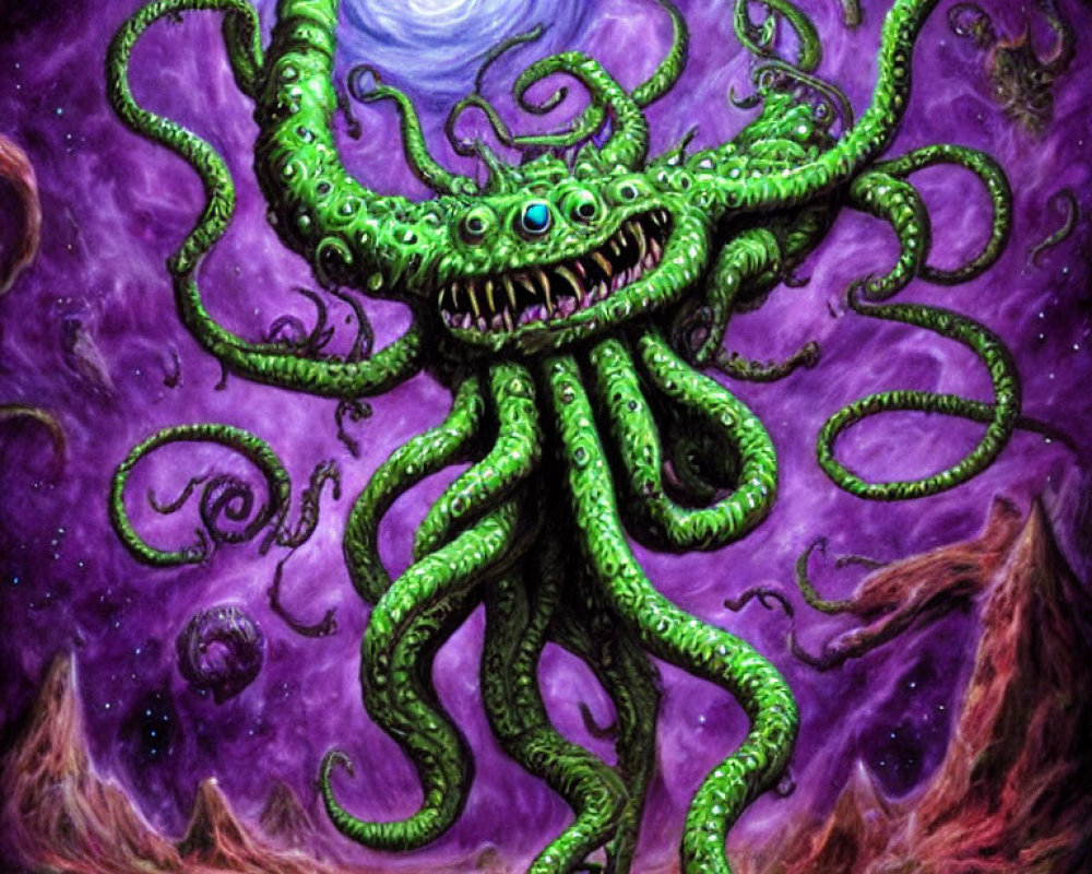 Colorful multi-eyed tentacled creature in cosmic setting