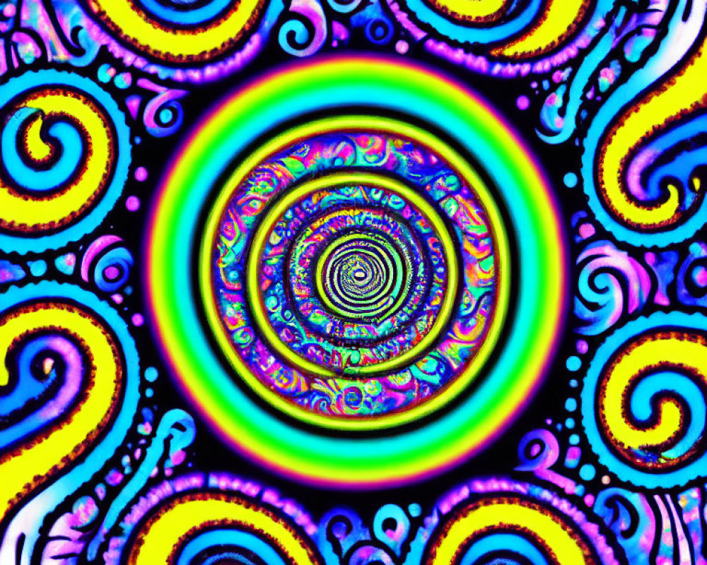 Colorful Psychedelic Spiral Pattern with Neon Colors and Swirling Designs