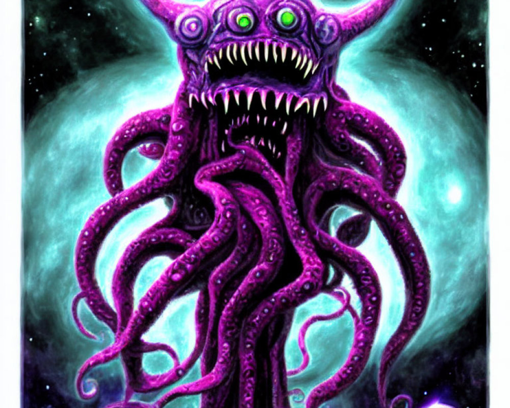 Colorful Tentacled Creature with Multiple Eyes in Galactic Setting