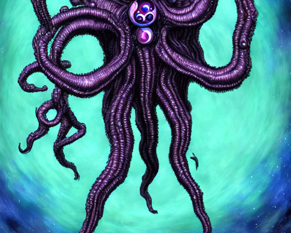 Purple Octopus-Like Creature with Gem on Teal Background