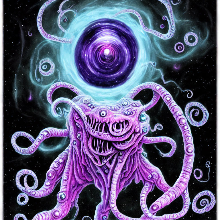 Purple-tentacled cosmic entity with multiple eyes in eerie glow amid swirling galaxy vortex