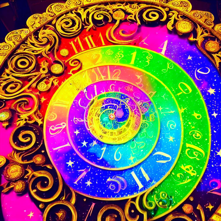 Colorful Astronomical Clock with Zodiac Signs and Gold Embellishments