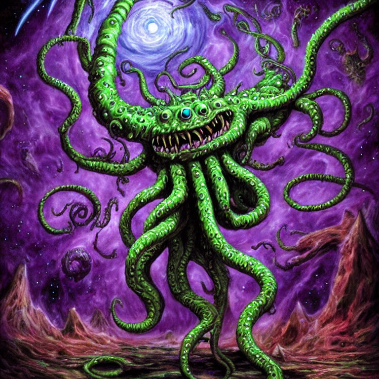 Colorful multi-eyed tentacled creature in cosmic setting