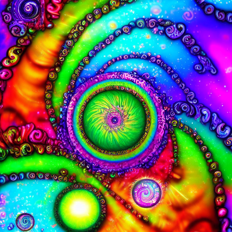 Colorful Neon Fractal Art with Swirling Patterns and Eye-Like Figure